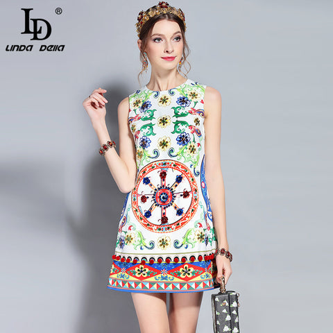New 2022 Designer Summer Dress Women's Sleeveless Luxury Crystal Beading Floral Print Casual Mini Short Dress