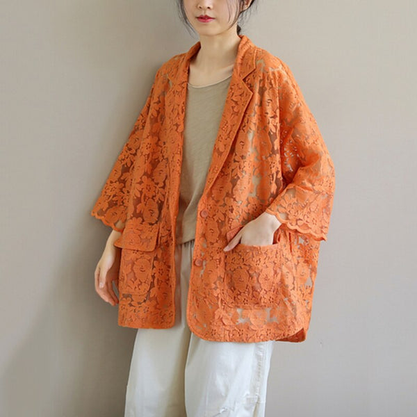 LDKVGSU Summer 2022 British Women Floral Lace Blazer Ladies Multicolor Lace Embroidery All-Match Casual Thin Top 203
