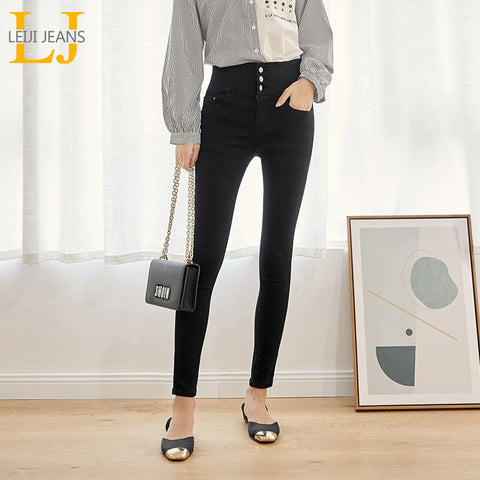 LEIJIJEANS 2022 autumn high waist slim ladies jeans button fly elastic waist legging jeans plus size stretchy black women jeans