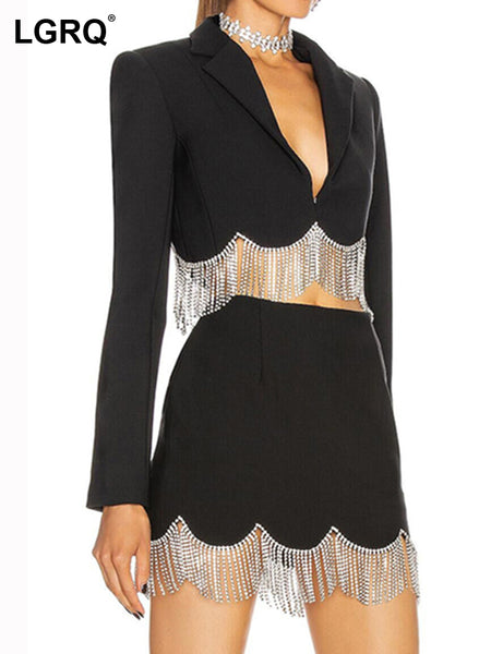 LGRQ 2023 Autumn Tide Women Clothes Notched Collar Full Sleeves Tassels Diamonds Short Top Female Blazer 19D8016