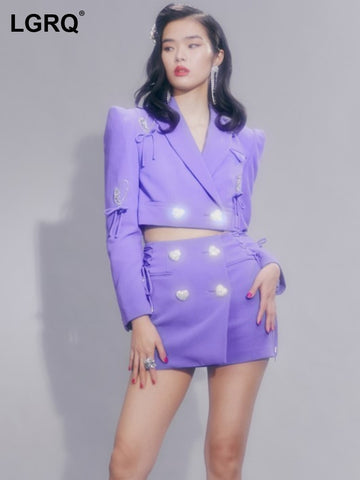LGRQ 2023 Women's Autumn Diamonds Spliced Short Wide High Waist Blazer Purple Color Long Sleeves Top WV17614L