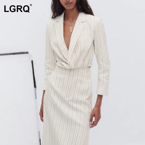 [LGRQ] Women White Striped Casual Blazer Notched Neck Long Sleeve Loose Fit Jacket Tide Autumn Winter 2022 19D2340
