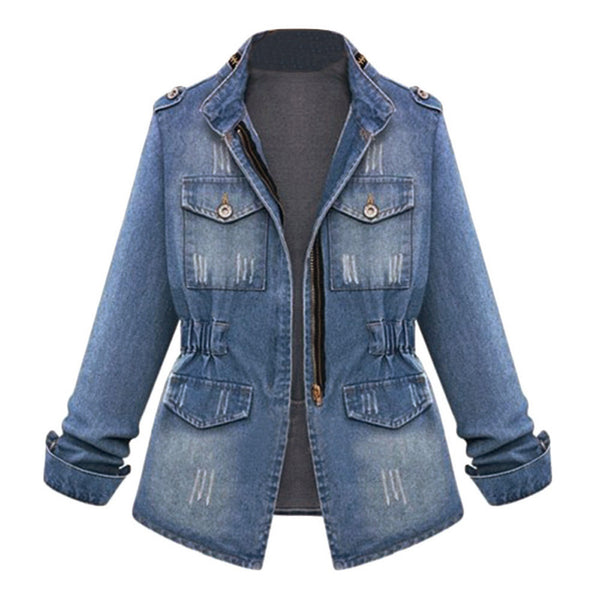 LIBIELIY Blue Jean Denim Jacket Women Oversized Coat Nice Plus Size Casual Ladies Denim Oversize Jeans Chain Jacket Pocket Coat