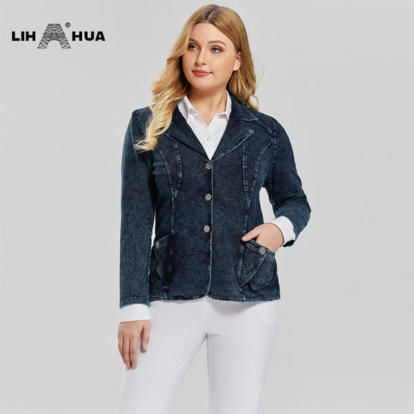 Women's Plus Size Casual Fashion Busine Denim Suit Premium Stretch Knitted Denim Slim Fit Denim Jacket