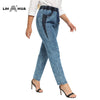 LIH HUA Women's Plus Size Casual Jeans High Flexibility Cotton Woven Thin Denim Trousers Softener Jeans with Elastic Waist