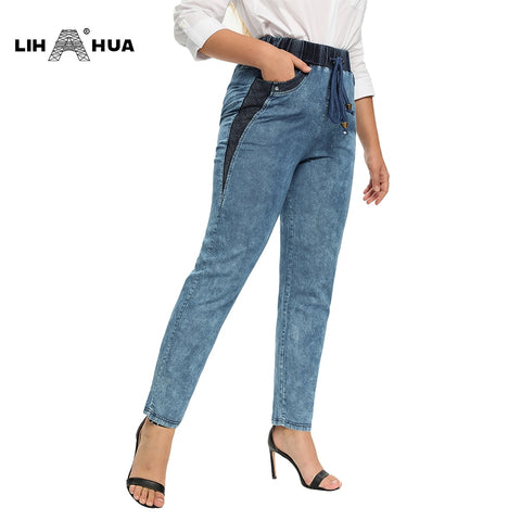LIH HUA Women's Plus Size Casual Jeans High Flexibility Cotton Woven Thin Denim Trousers Softener Jeans with Elastic Waist