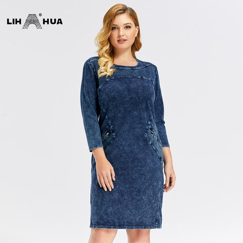 LIH HUA Women's Plus Size Denim Dress Elasticity Knitted Denim Dresses Slim Fit Casual Dress  Knee-Length Midi Dress