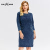 LIH HUA Women's Plus Size Denim Dress Elasticity Knitted Denim Dresses Slim Fit Casual Dress  Knee-Length Midi Dress