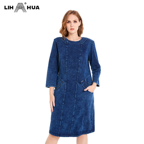 LIH HUA Women's Plus Size Denim Dress Elasticity Knitted Denim Dresses Slim Fit Casual  Midi Dress