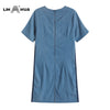 LIH HUA Women's Plus Size Denim Dress Summer Slim Fit Dress Casual Dress Printed Woven Denim Short Sleeve Knee-Length