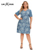 LIH HUA Women's Plus Size Denim Dress Summer Slim Fit Dress Casual Dress Printed Woven Denim Short Sleeve Knee-Length