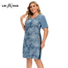 LIH HUA Women's Plus Size Denim Dress Summer Slim Fit Dress Casual Dress Printed Woven Denim Short Sleeve Knee-Length