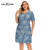 LIH HUA Women's Plus Size Denim Dress Summer Slim Fit Dress Casual Dress Printed Woven Denim Short Sleeve Knee-Length