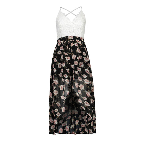 The New Chiffon Lace Sexy Women's Dress Sling Printing Sleeveless Backless V-Neck Casual Beach A-Line Dress Women