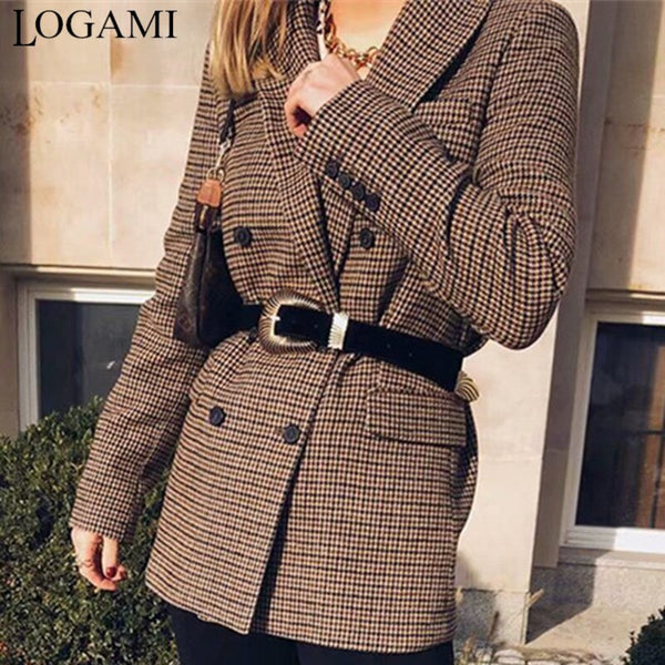 Plaid Blazer Women Fashion Double Breasted Office Ladies Jacket Coat Female Vintage Casual Long Sleeve Suits