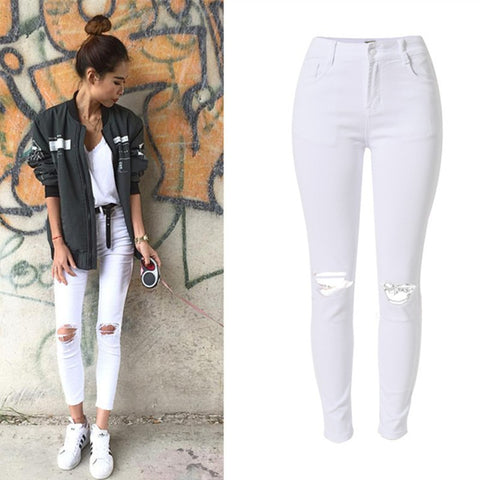 White Jeans Women Pencil Ripped Pants Ladies High Waist Denim Skinny Jeans For Women Slim Jeans Trou Genou Pantalon Femme