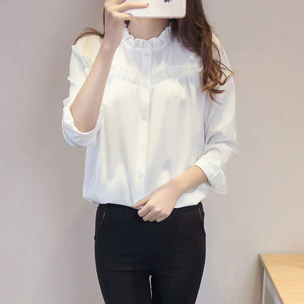 White Stand Collar Women Shirt Blouse Long Sleeve Autumn Office Ladies Tops Shirts Formal Slim Button Ruffles Blouses