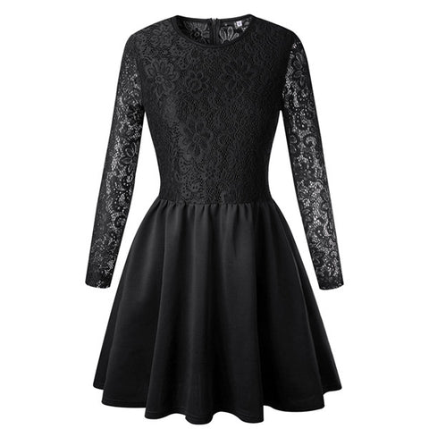 Women Lace Splice Dress Pleated Long Sleeve Sexy Elegant White Dresses A-line Bridesmaid Slim Party Club Short Mini Dress
