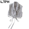 LTPH Gray Suit women Outfits 3 Pieces Set None Button Short Blazer strappy waistcoat Casual pleated Skirt Suits 2022 Spring New