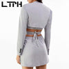 LTPH Gray Suit women Outfits 3 Pieces Set None Button Short Blazer strappy waistcoat Casual pleated Skirt Suits 2022 Spring New