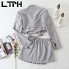 LTPH Gray Suit women Outfits 3 Pieces Set None Button Short Blazer strappy waistcoat Casual pleated Skirt Suits 2022 Spring New