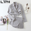 LTPH Gray Suit women Outfits 3 Pieces Set None Button Short Blazer strappy waistcoat Casual pleated Skirt Suits 2022 Spring New