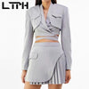 LTPH Gray Suit women Outfits 3 Pieces Set None Button Short Blazer strappy waistcoat Casual pleated Skirt Suits 2022 Spring New