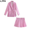 LTPH Pink Plaid Skirt Suits women 2 Pieces Set Loose All-match Blazer High waist skirts Casual Outfits 2022 Spring Autumn New