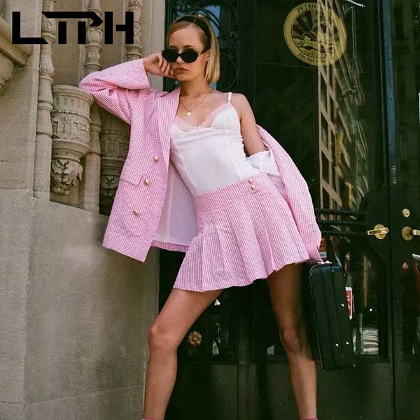 LTPH Pink Plaid Skirt Suits women 2 Pieces Set Loose All-match Blazer High waist skirts Casual Outfits 2022 Spring Autumn New