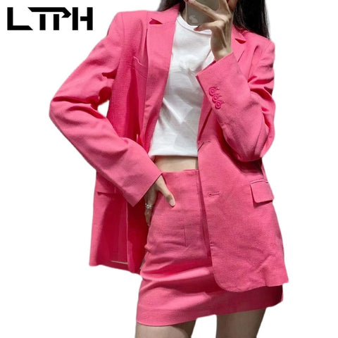 LTPH cotton linen skirt suits women blazer 2 piece set high waist zipper pocket casual outfits office lady suit 2022 autumn new
