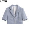 LTPH elegant vintage woolen tweed 2 piece set women short blazer high waist chic double pockets skirt suits 2023 summer new
