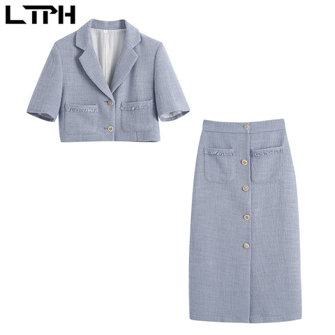 LTPH elegant vintage woolen tweed 2 piece set women short blazer high waist chic double pockets skirt suits 2023 summer new