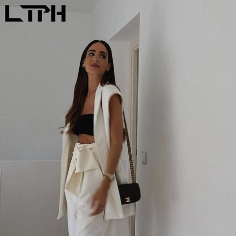 LTPH bow decoration sleeveless blazer women vest jackets premium vintage white lady suit coat 2023 summer new