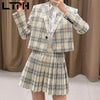 LTPH preppy style suit Outfits two piece set women short plaid casual Blazer high waist mini pleated Skirt Suits 2022 Spring New