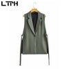 LTPH streetwear casual women blazer vest solid single button sleeveless cardigan outwear Lace-up split suit coat 2023 autumn new
