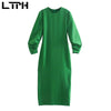 LTPH temperament all-match Thin long green dress women Casual elegant vintage folds design hem split midi dresses 2022summer new