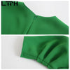 LTPH temperament all-match Thin long green dress women Casual elegant vintage folds design hem split midi dresses 2022summer new
