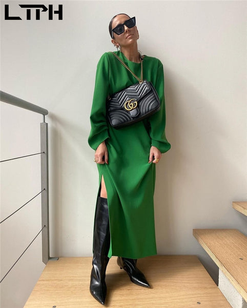 LTPH temperament all-match Thin long green dress women Casual elegant vintage folds design hem split midi dresses 2022summer new