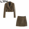 LTPH vintage casual houndstooth two piece set women plaid cropped blazer streetwear mini high waist skirt suits 2023 autumn new
