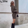 LTPH vintage casual houndstooth two piece set women plaid cropped blazer streetwear mini high waist skirt suits 2023 autumn new