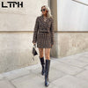 LTPH vintage casual houndstooth two piece set women plaid cropped blazer streetwear mini high waist skirt suits 2023 autumn new