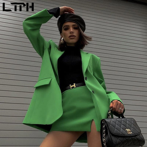 LTPH vintage green blazer suits two piece set women loose suit coat sexy high waist split mini skirt casual sets 2023 autumn new
