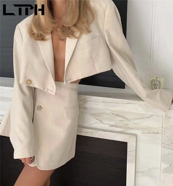 LTPH vintage simple Women's Sets temperament lapel Blazer High waist slim mini A-line skirt Skirt Suits 2023 Autumn New