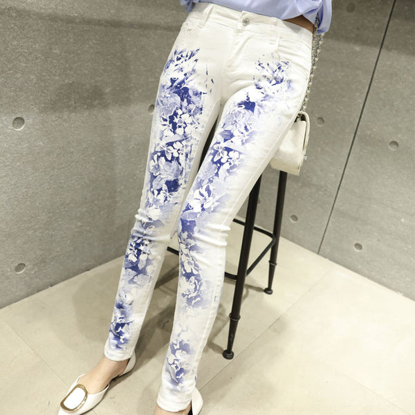 White Female Elastic Jeans Europe Printing Slim Denim Trousers Elastic Long Stylish Printed Jeans Plus Size A208