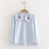 LUNDUNSHIJIA 2023 Spring Women Blouse Cute Doll Collar Rose Flower Embroidery Shirts Ladies Long Sleeve Blue Cotton Shirt Tops