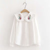 LUNDUNSHIJIA 2023 Spring Women Blouse Cute Doll Collar Rose Flower Embroidery Shirts Ladies Long Sleeve Blue Cotton Shirt Tops