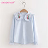 LUNDUNSHIJIA 2023 Spring Women Blouse Cute Doll Collar Rose Flower Embroidery Shirts Ladies Long Sleeve Blue Cotton Shirt Tops