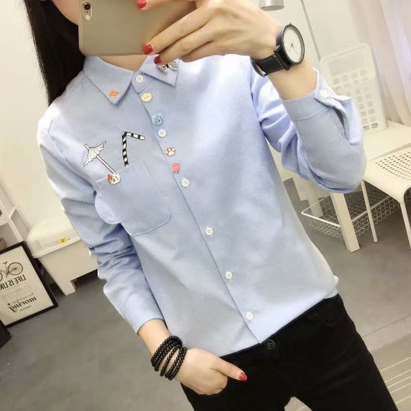 Girl Scho Long Sleeve Shirt White Blue Tops Ladies Blouses Female Shirt Pocket With Cartoon Umbrella Embroidery