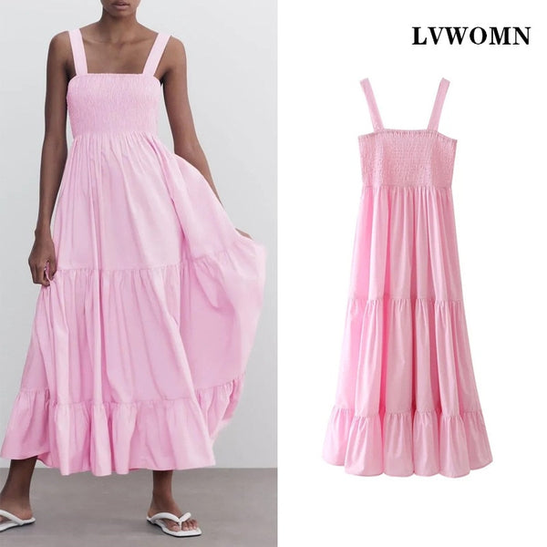 LVWOMN  Za Dress 2022 Summer Elegant Ruched Sleeveless Beach Midi Backless Dress Woman Pink Loose Pleated Long Casual Dresses