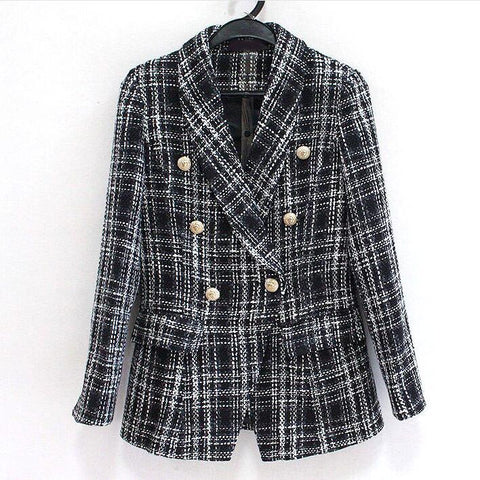 Double Breasted Blazer Women Long Sleeve Slim Wo Tweed Coats 2022 Spring New Vintage Plaid Slim Ladies Woolen jackets